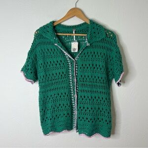 NWT Free People Santa Cruz Club Shirt Crochet Button Golf Green Open Knit Sz XS